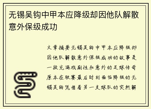 无锡吴钩中甲本应降级却因他队解散意外保级成功